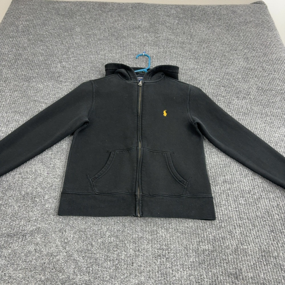 Polo Ralph Lauren Hoodie Boys M Black Cotton Blend Full Zip Yellow Pony Casual